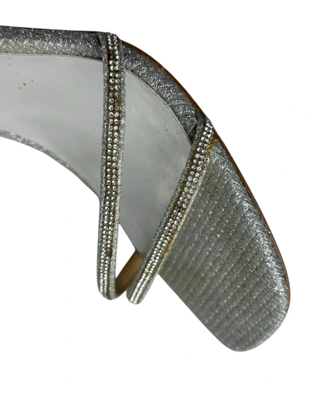 BADGLEY MISCHKA FIREY RHINESTONE SILVER BLOCK HEEL OPEN TOE HEELS - Picture 13 of 16